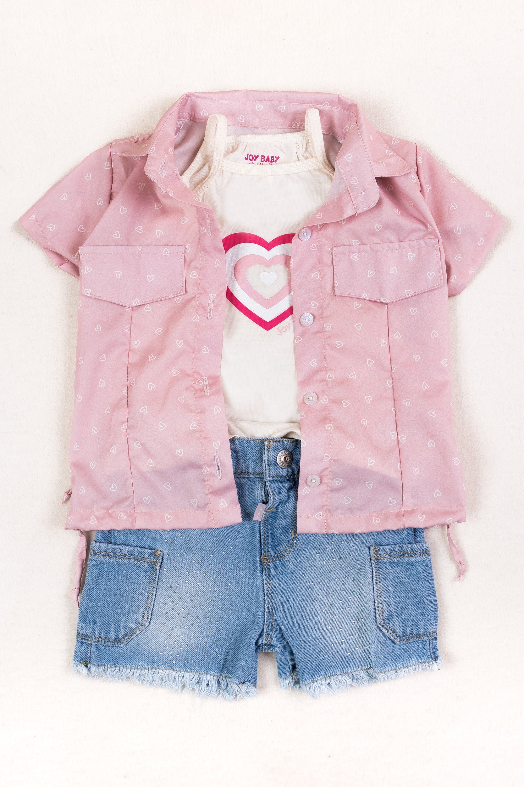 CONJUNTO 3 PRENDAS NIÑA CORAZONES ROSADO