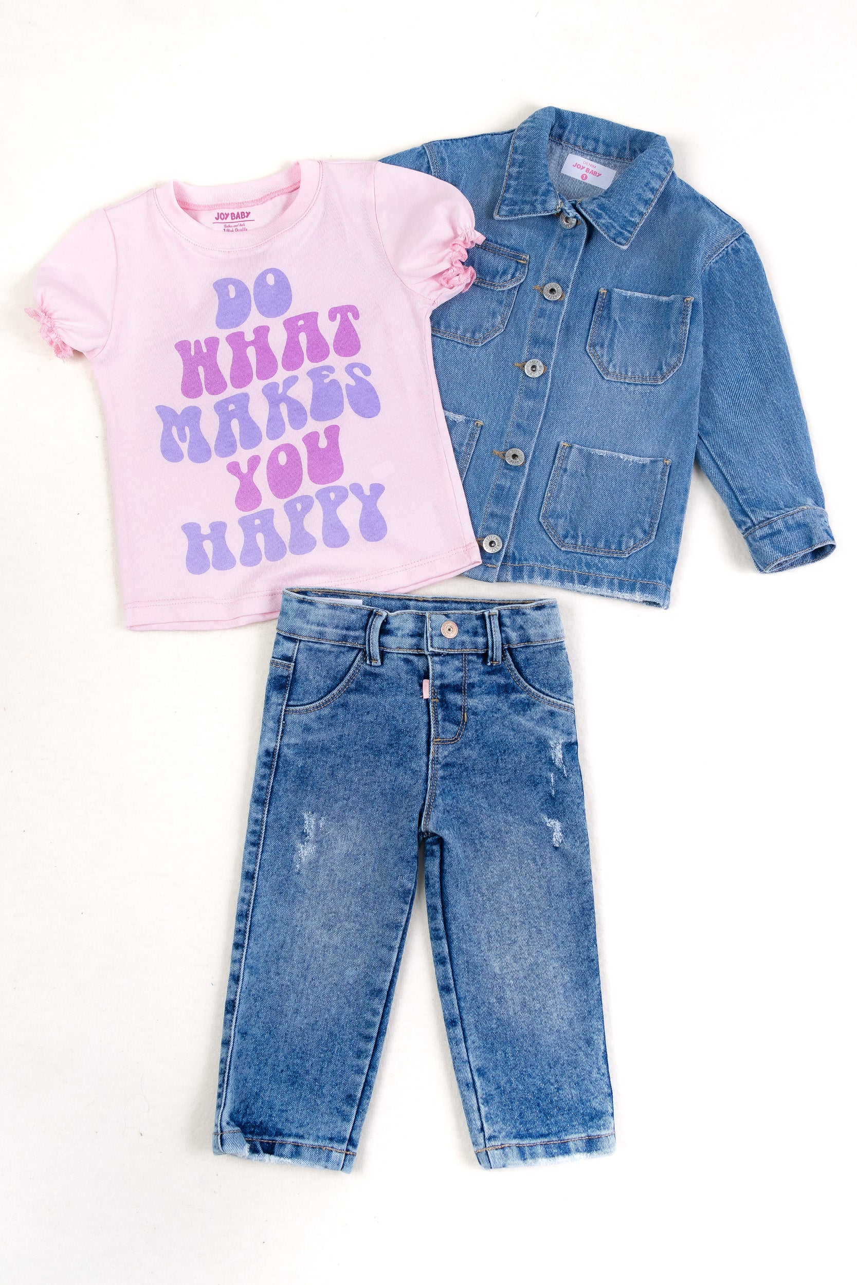 CONJUNTO 3 PRENDAS DENIM NIÑA ROSADO