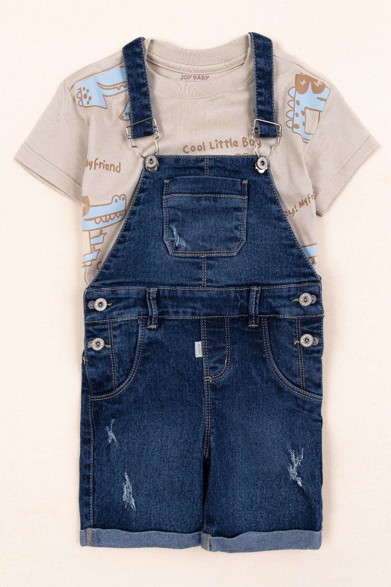 OVEROL DENIM CORTO DINOSAURIOS NIÑO BEIGE