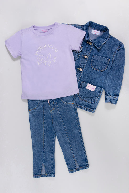 CONJUNTO 3 PRENDAS NIÑA DENIM LILA