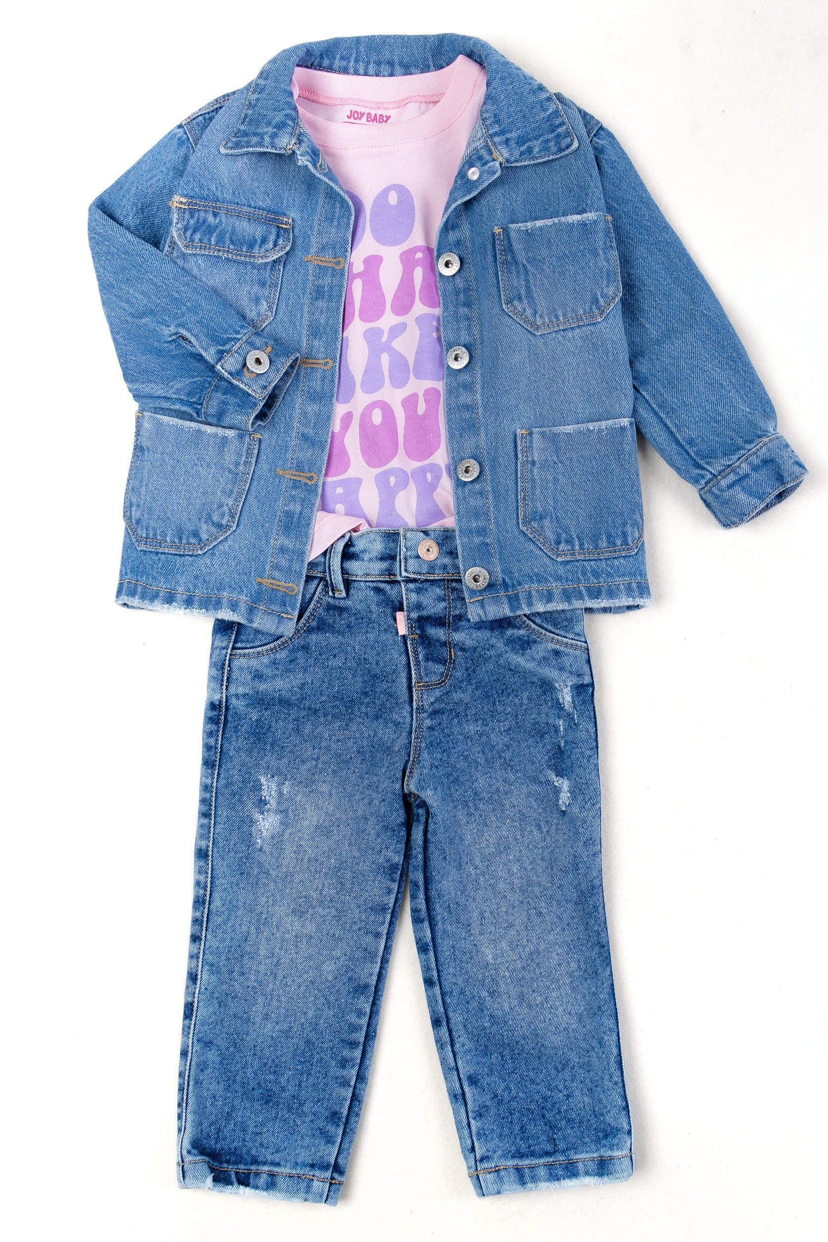 CONJUNTO 3 PRENDAS DENIM NIÑA ROSADO