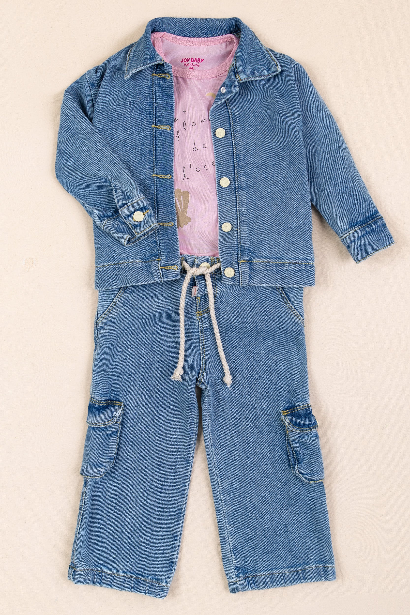 CONJUNTO 3 PRENDAS NIÑA DENIM ROSADO