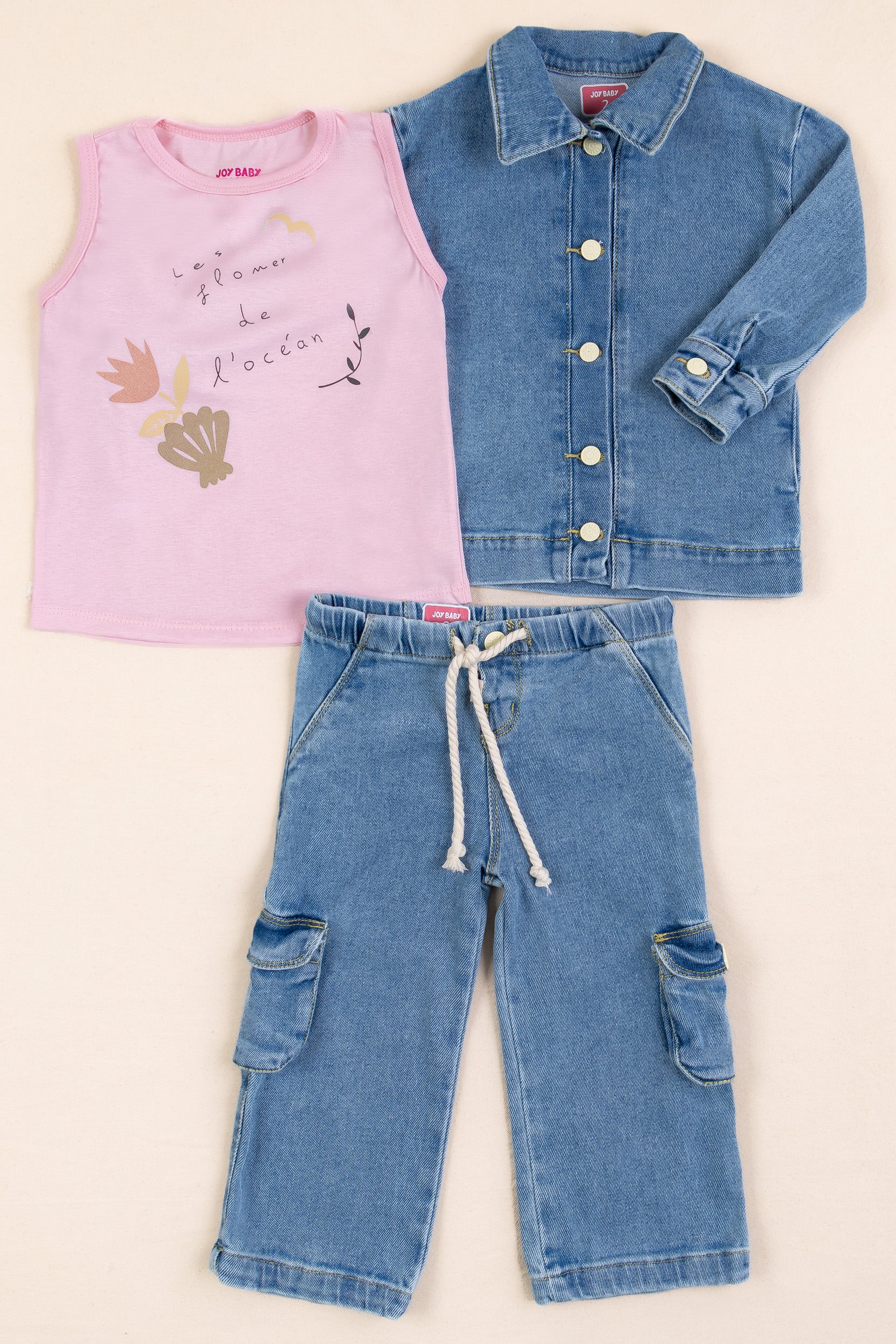 CONJUNTO 3 PRENDAS NIÑA DENIM ROSADO