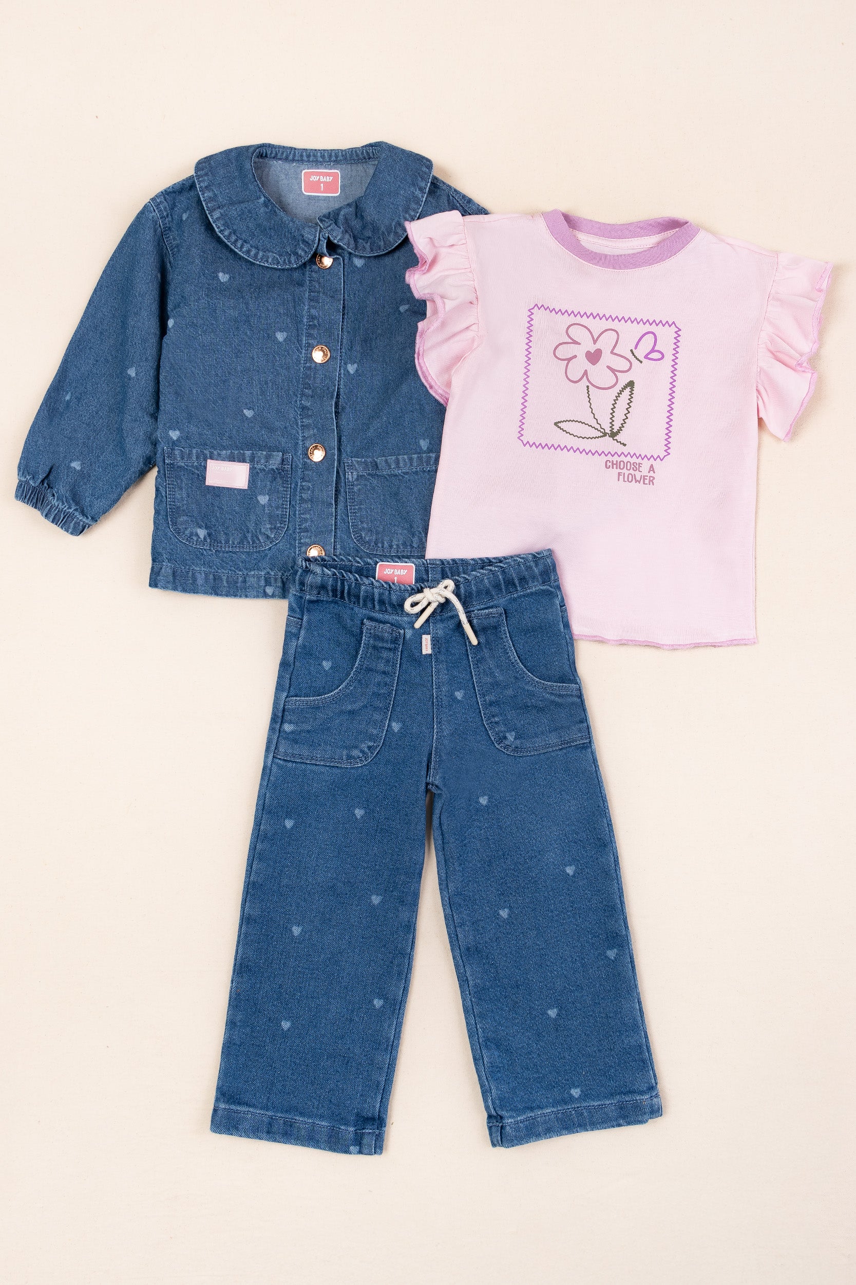 CONJUNTO 3 PRENDAS NIÑA DENIM ROSADO