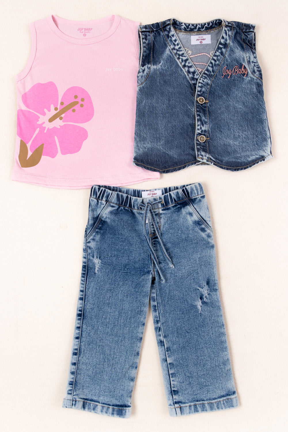 CONJUNTO 3 PRENDAS NIÑA DENIM ROSADO