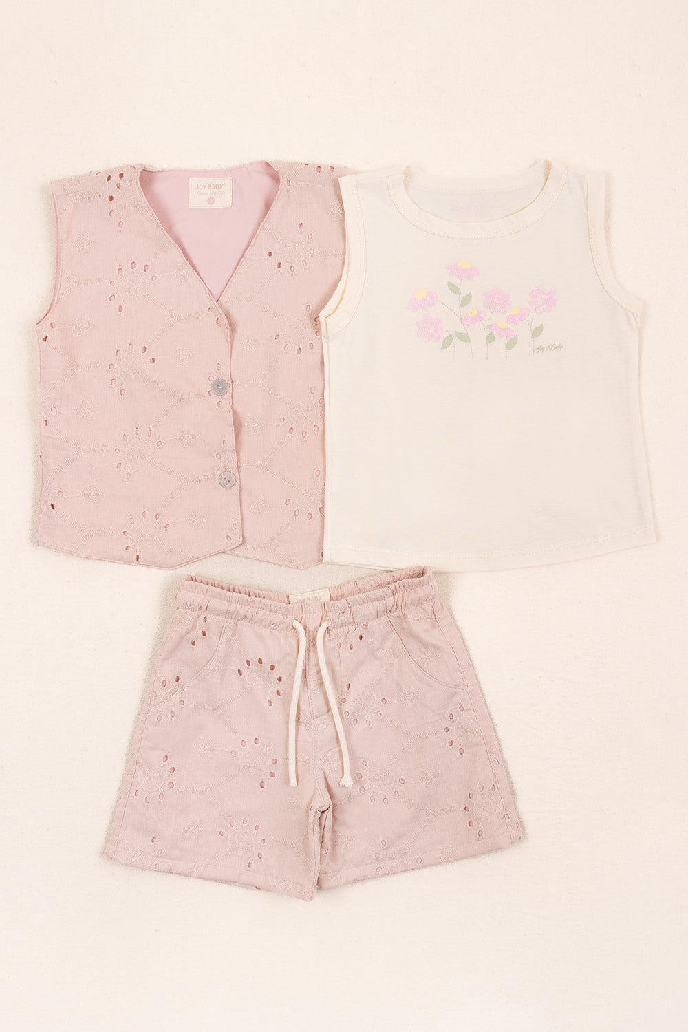 CONJUNTO 3 PRENDAS NIÑA FLOWER PALO ROSA