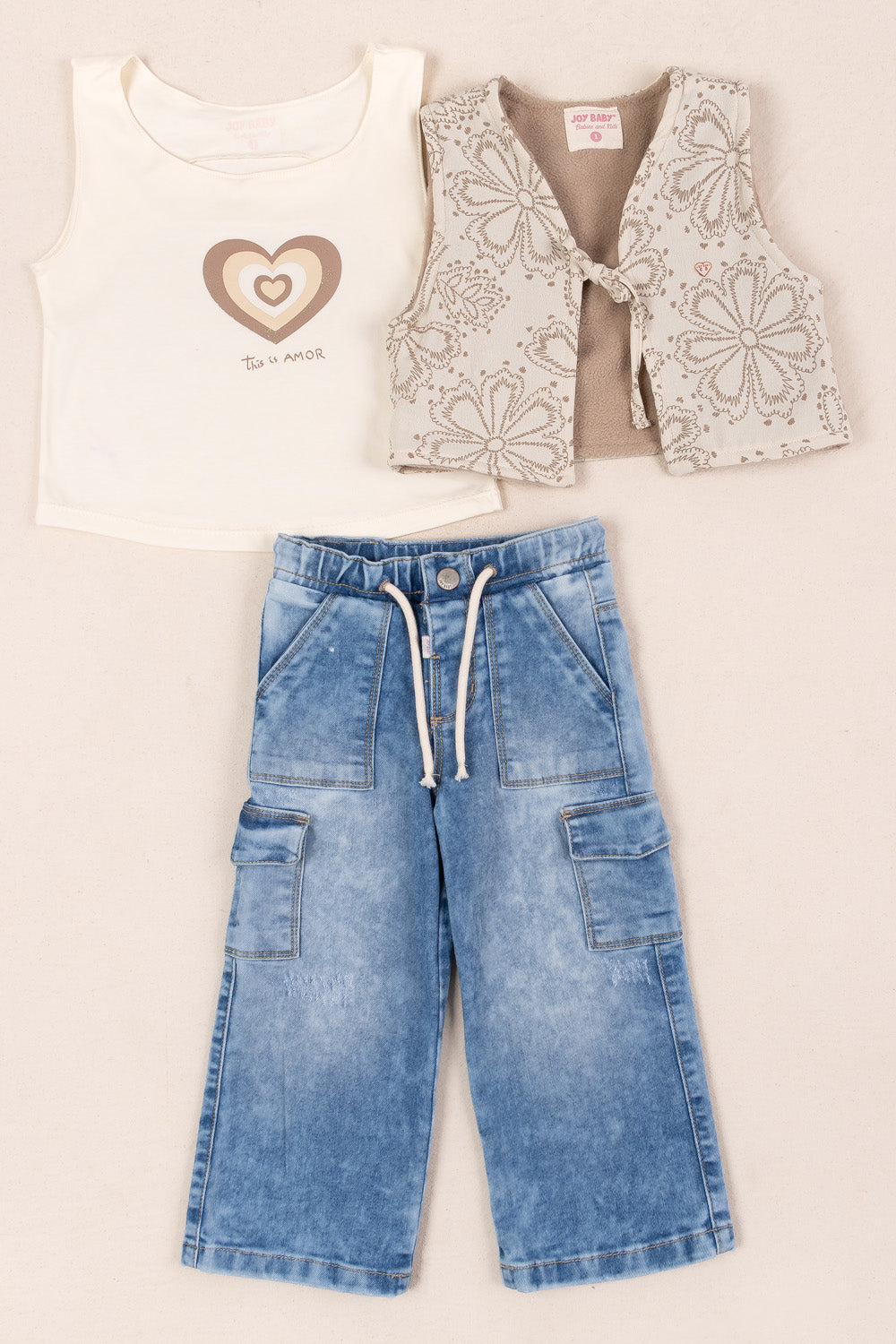 CONJUNTO 3 PRENDAS NIÑA AMOR BEIGE
