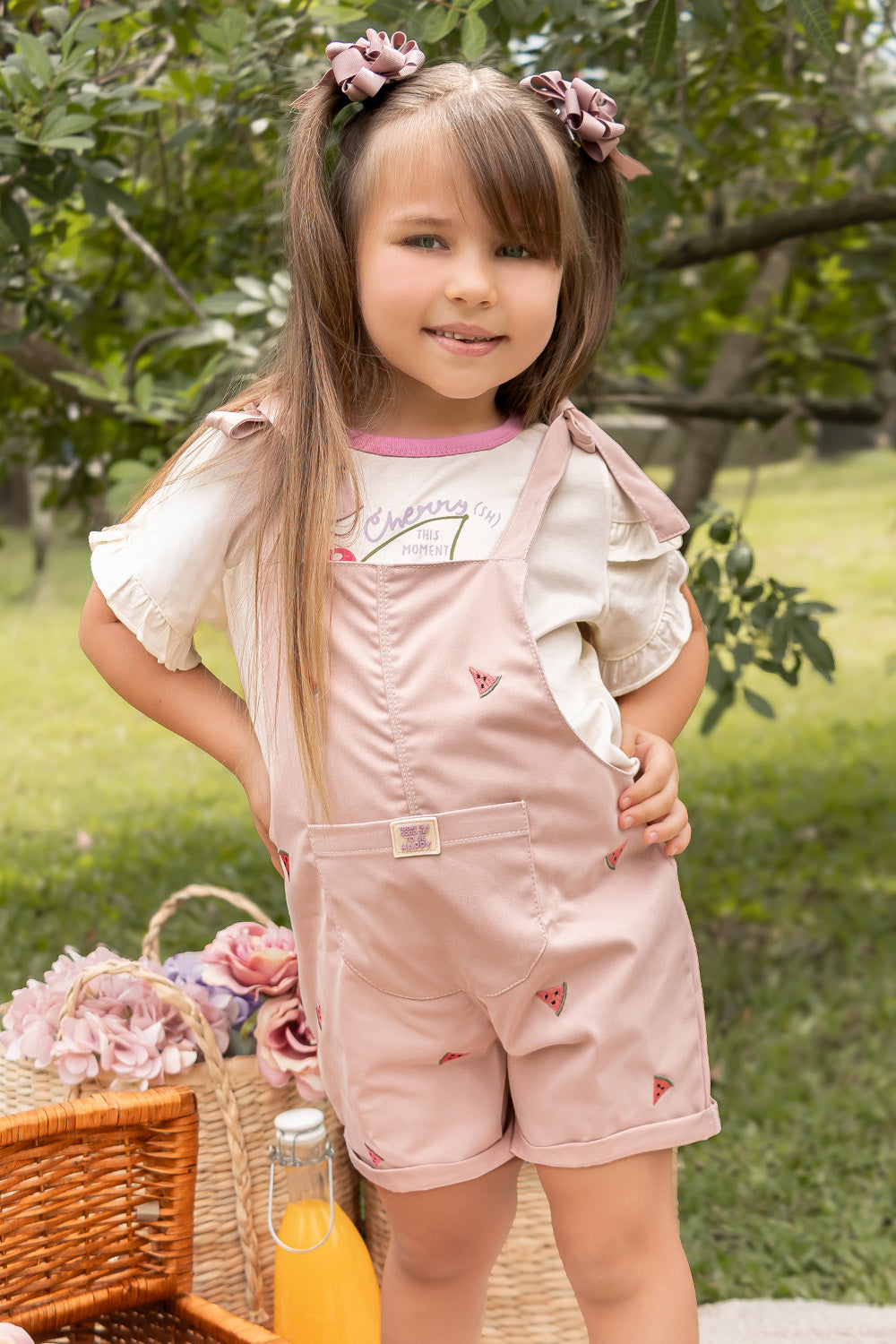 CONJUNTO OVEROL NIÑA CHERRIES PALO ROSA