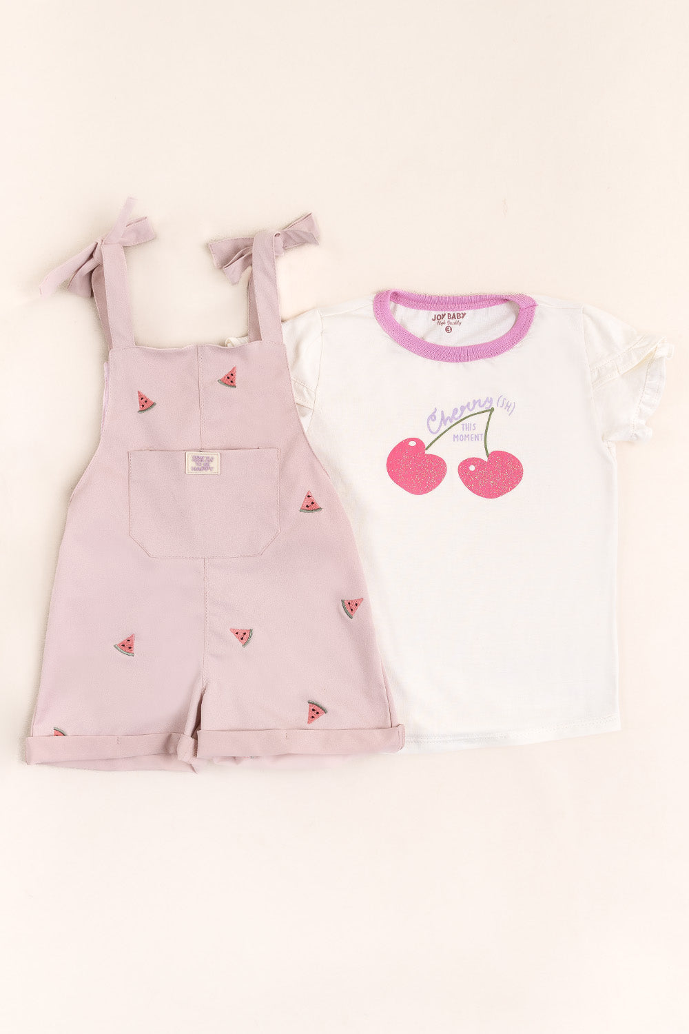 CONJUNTO OVEROL NIÑA CHERRIES PALO ROSA