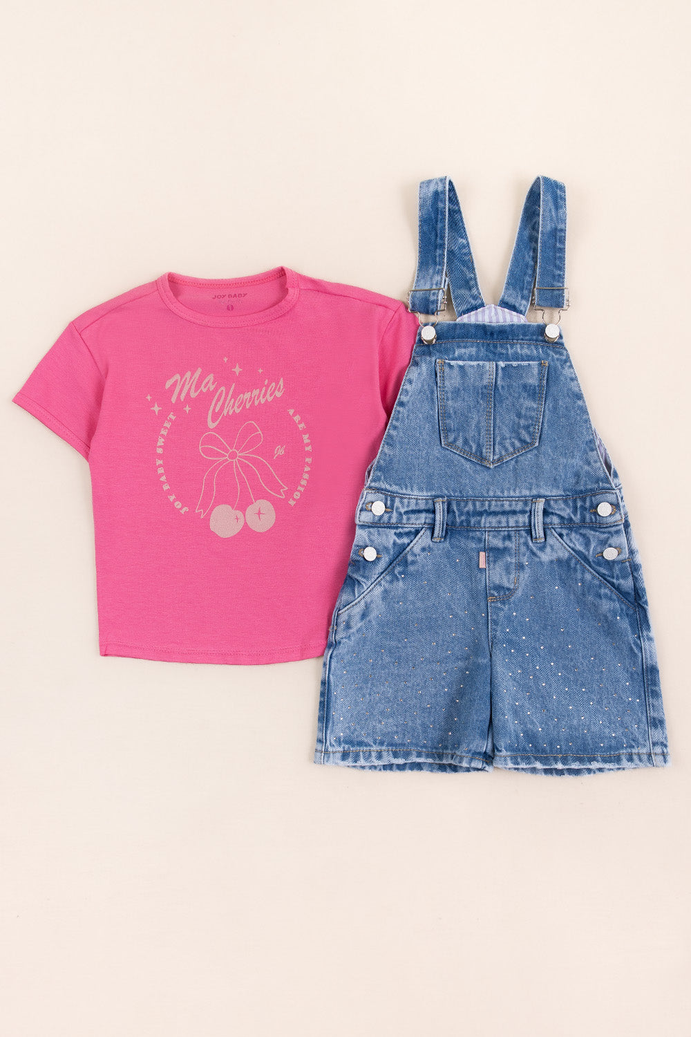 CONJUNTO OVEROL NIÑA CHERRIES FUCSIA