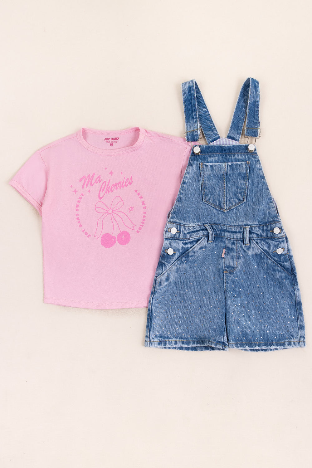 CONJUNTO OVEROL NIÑA CHERRIES ROSADO