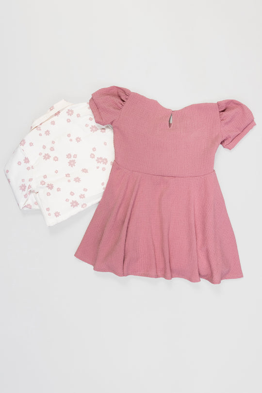 CONJUNTO VESTIDO NIÑA FLOWERS PALO ROSA