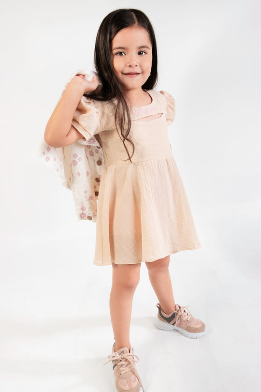 CONJUNTO VESTIDO NIÑA FLOWERS BEIGE