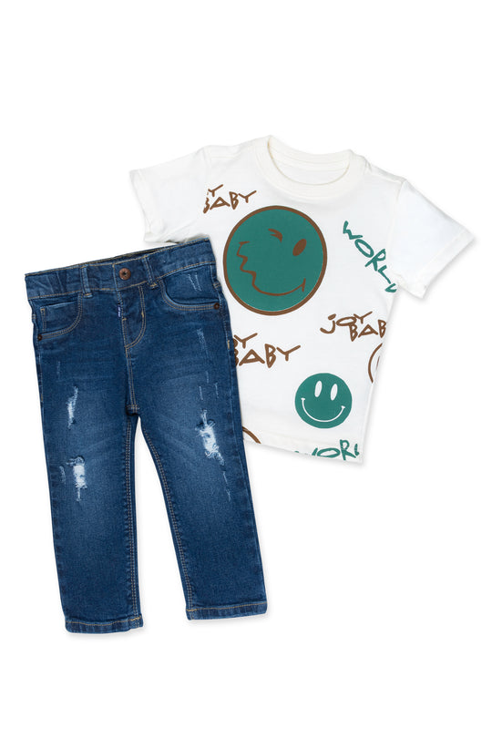 CONJUNTO 2 PRENDAS NIÑO EMOJIS BLANCO
