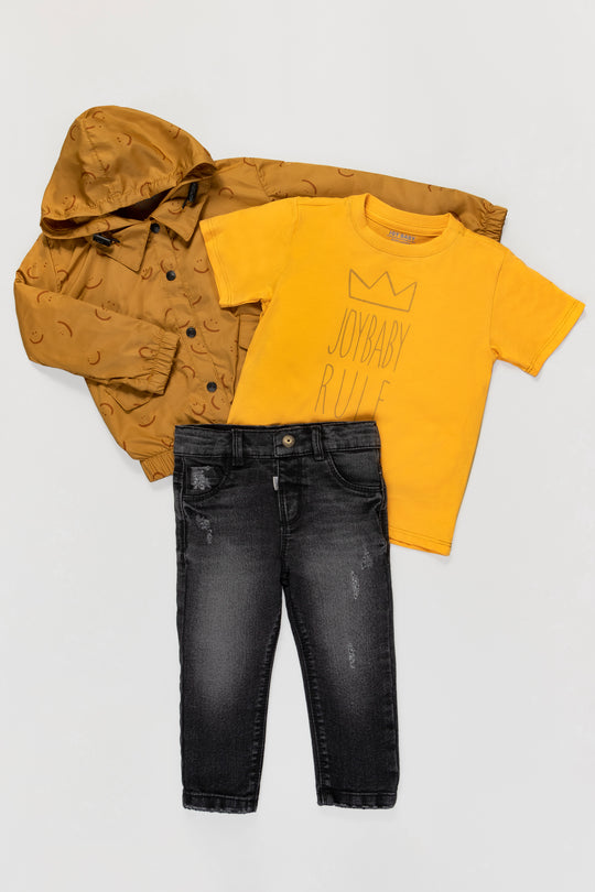 CONJUNTO 3 PRENDAS NIÑO CHAQUETA MOSTAZA