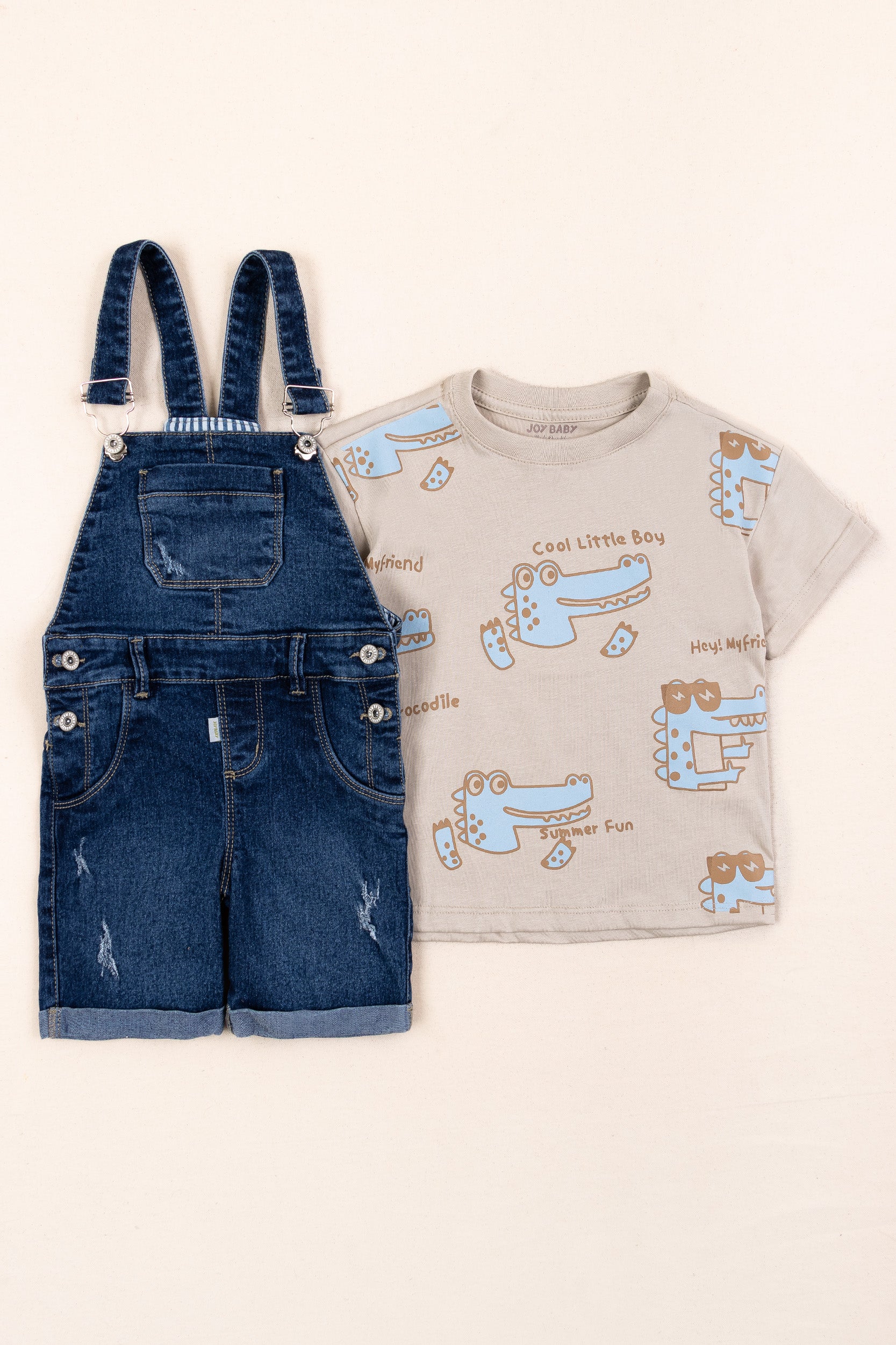 OVEROL DENIM CORTO DINOSAURIOS NIÑO BEIGE
